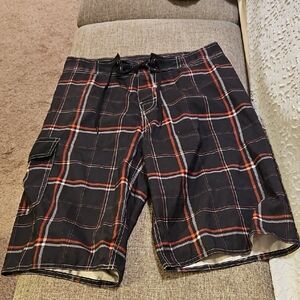 Men's Black and Red Plaid Cargo Shorts
